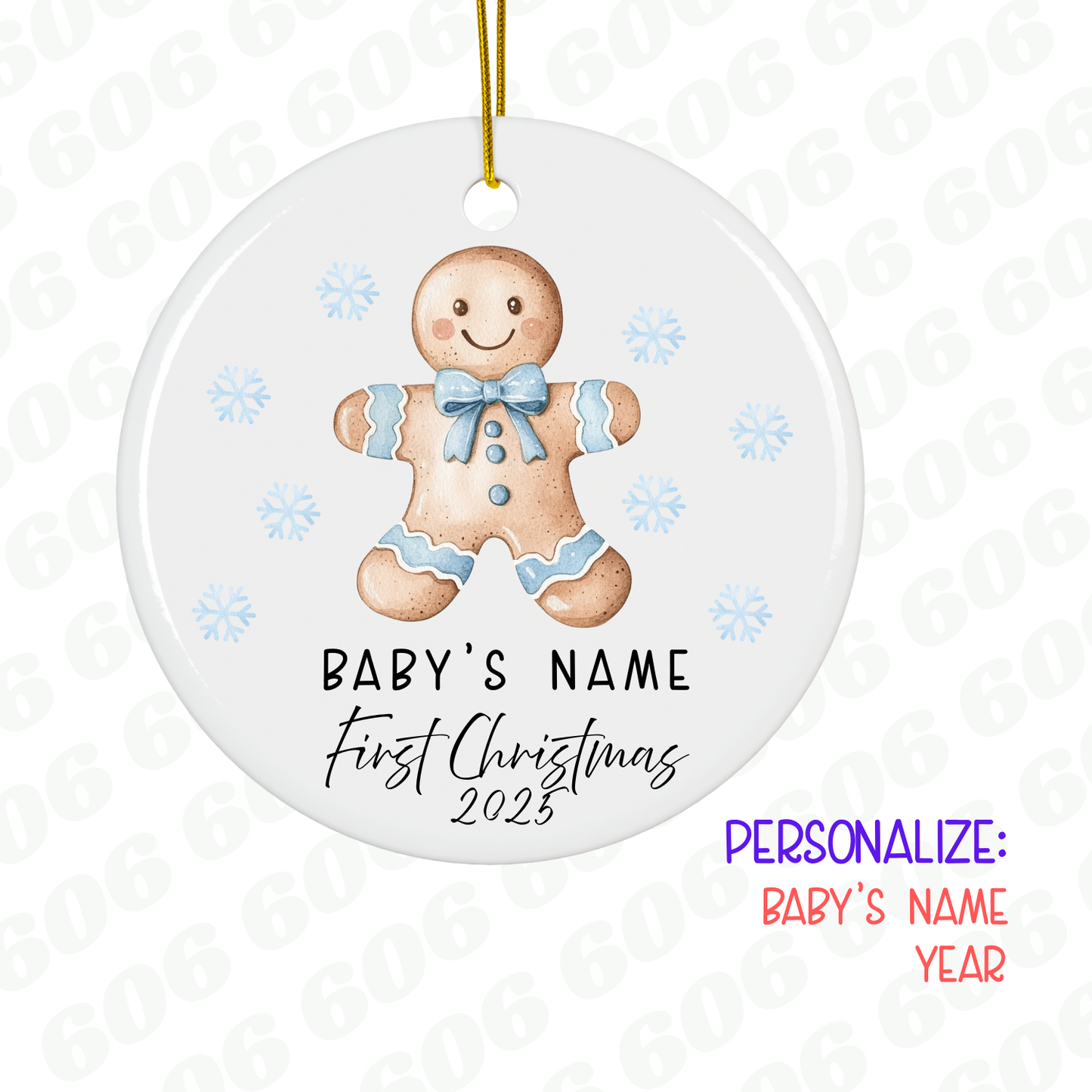 Decorative Christmas ornament with a gingerbread man and space for personalization on a white background.
