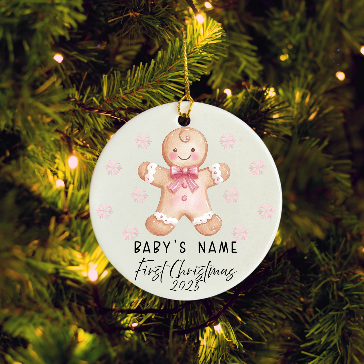 Round Christmas ornament with a gingerbread girl design on a tree.