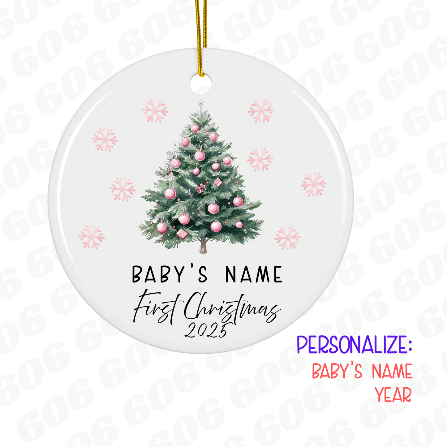 Round Christmas ornament with a tree and 'Baby's Name First Christmas 2023' text on a white background.