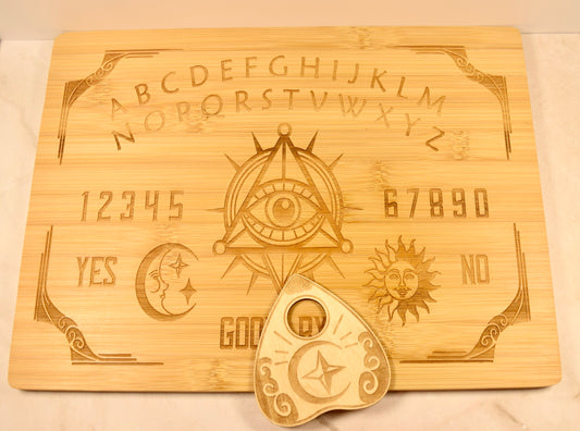 Bamboo Ouija Board Cutting Board with Matching Planchette – 12x9" Engraved Halloween Charcuterie Board