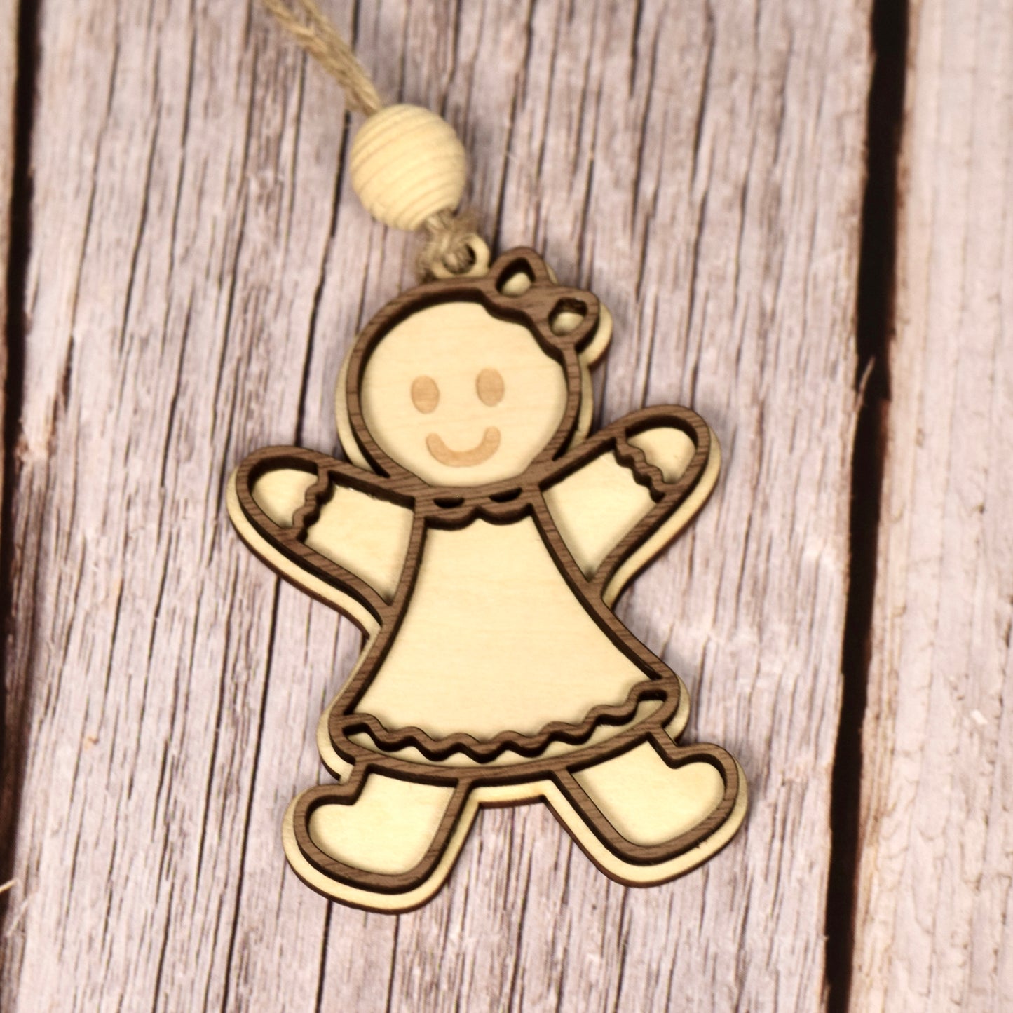 Set of 3 Layered Wood Gingerbread Ornaments – Handmade Walnut & Basswood with Beehive Bead