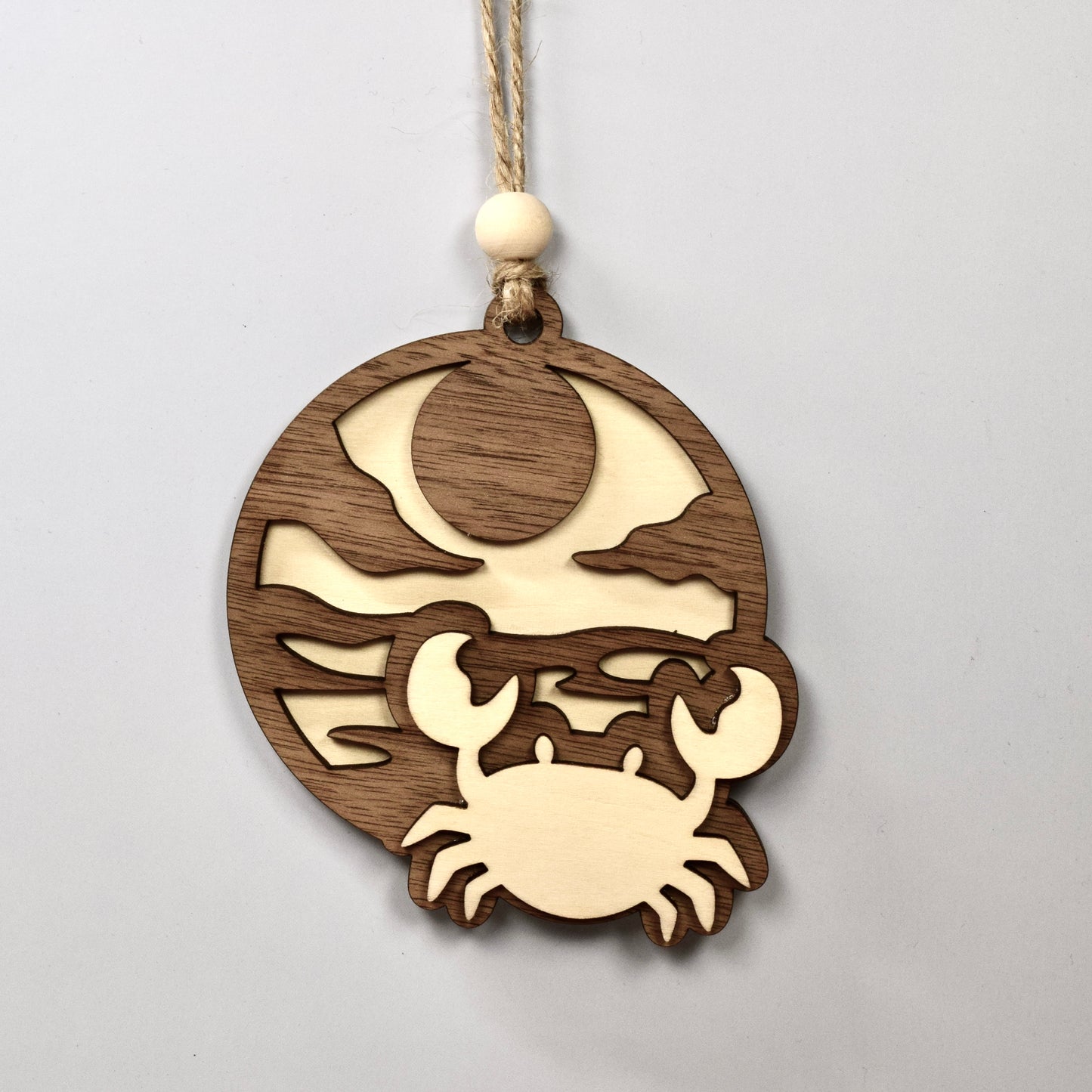 Handmade 3-Layer Wood Ornament – Rustic Basswood & Walnut - Coastal Crab