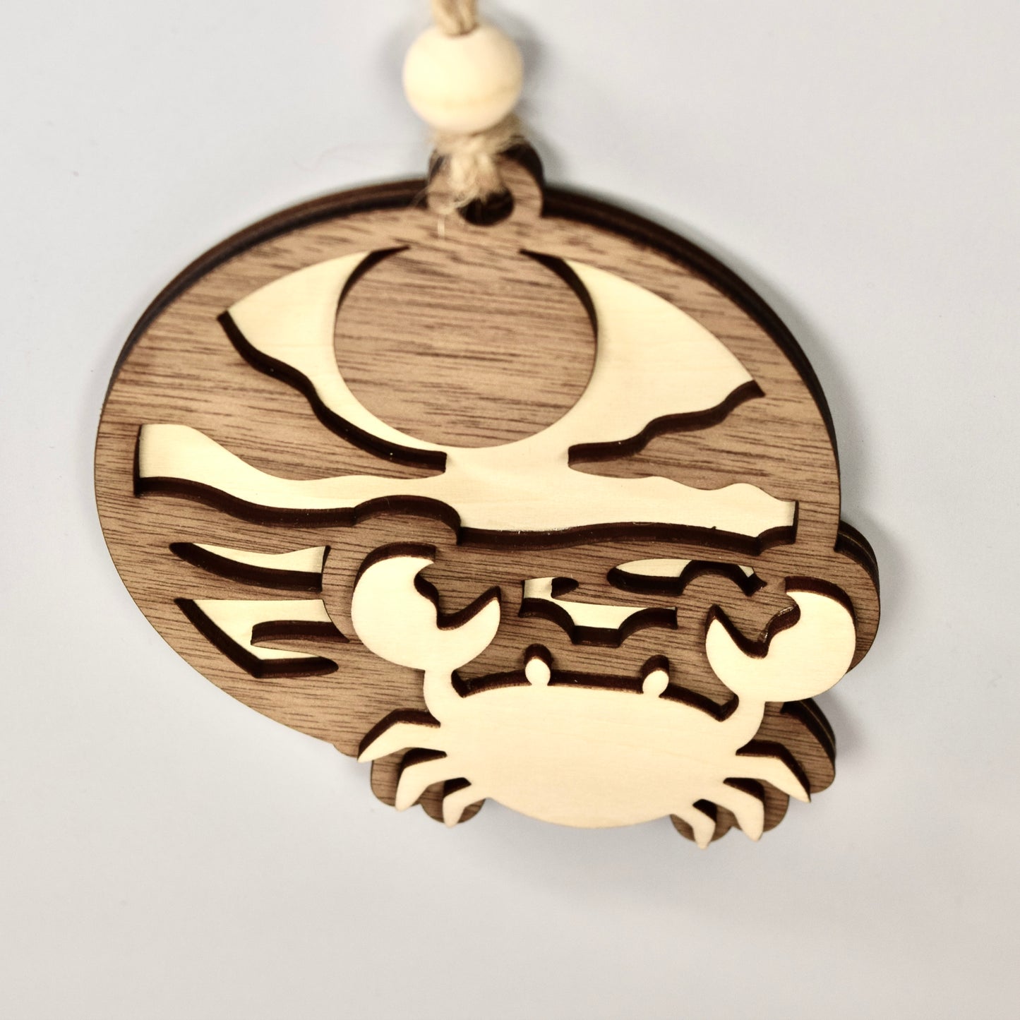 Handmade 3-Layer Wood Ornament – Rustic Basswood & Walnut - Coastal Crab