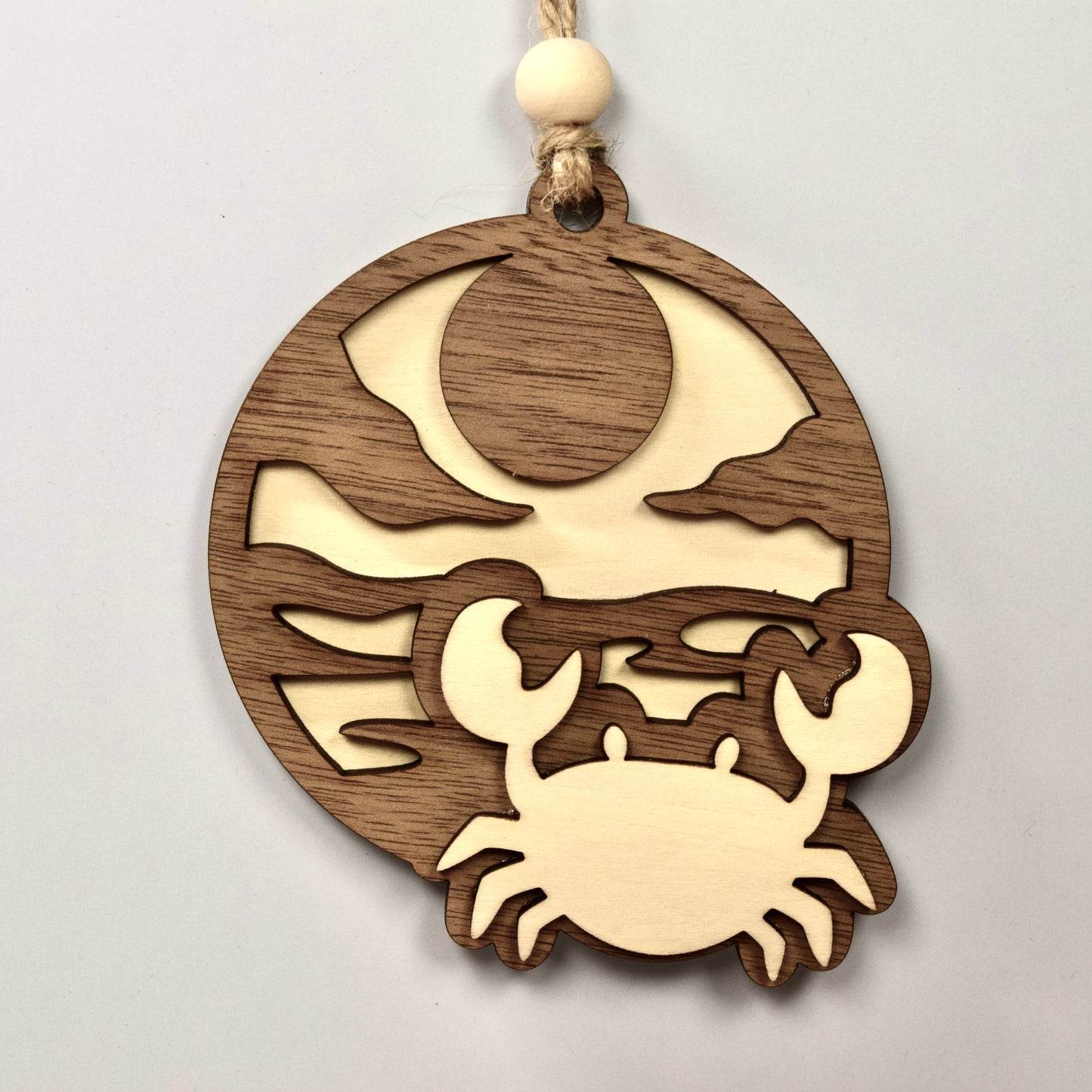 Handmade 3-Layer Wood Ornament – Rustic Basswood & Walnut - Coastal Crab