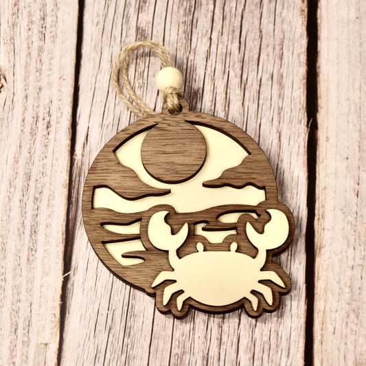 Handmade 3-Layer Wood Ornament – Rustic Basswood & Walnut - Coastal Crab
