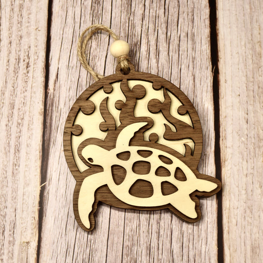 Handmade 3-Layer Wood Ornament – Rustic Basswood & Walnut - Sea Turtle