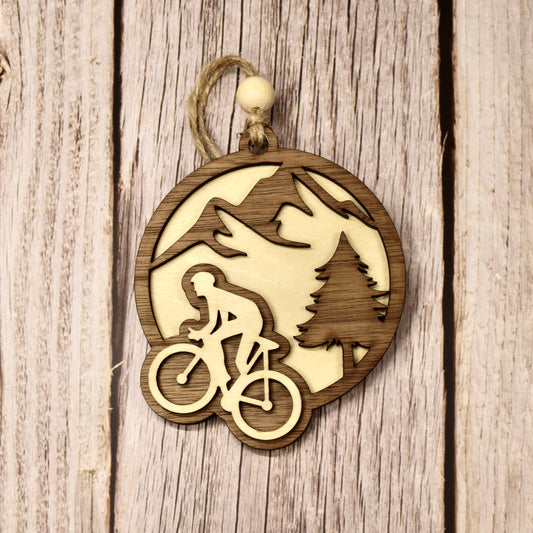 Handmade 3-Layer Wood Ornament – Rustic Basswood & Walnut - Cyclist