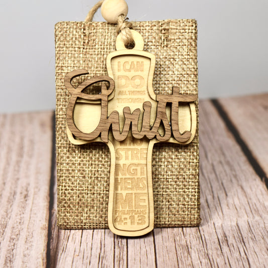 Layered Wood Cross Ornament – Philippians 4:13