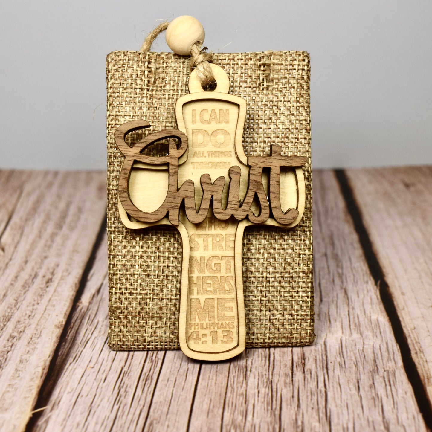 Layered Wood Cross Ornament – Philippians 4:13