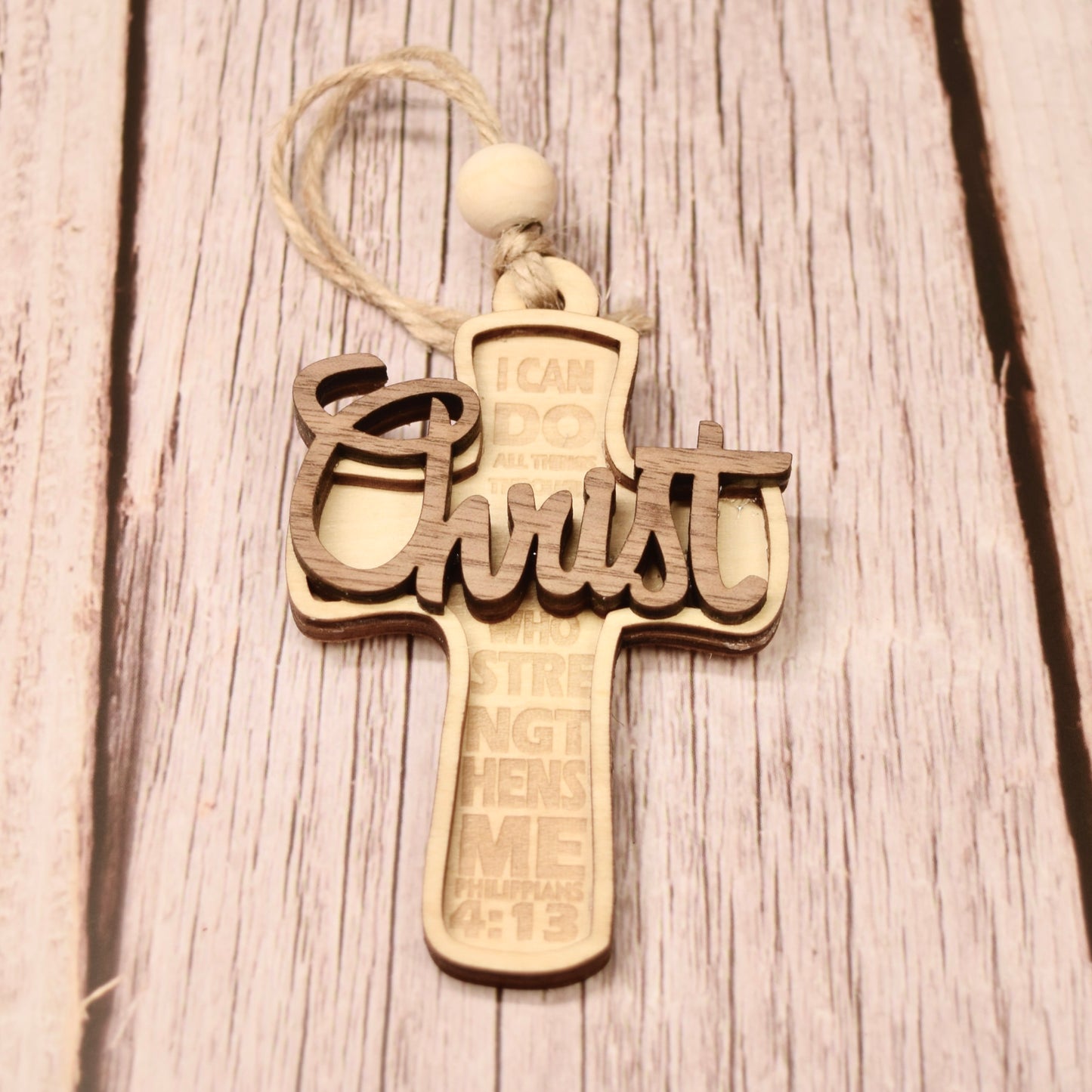 Layered Wood Cross Ornament – Philippians 4:13