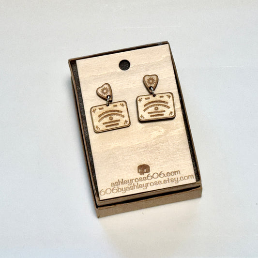 Mini Ouija Board Earrings – Handcrafted Engraved Wood Planchette & Board Dangle