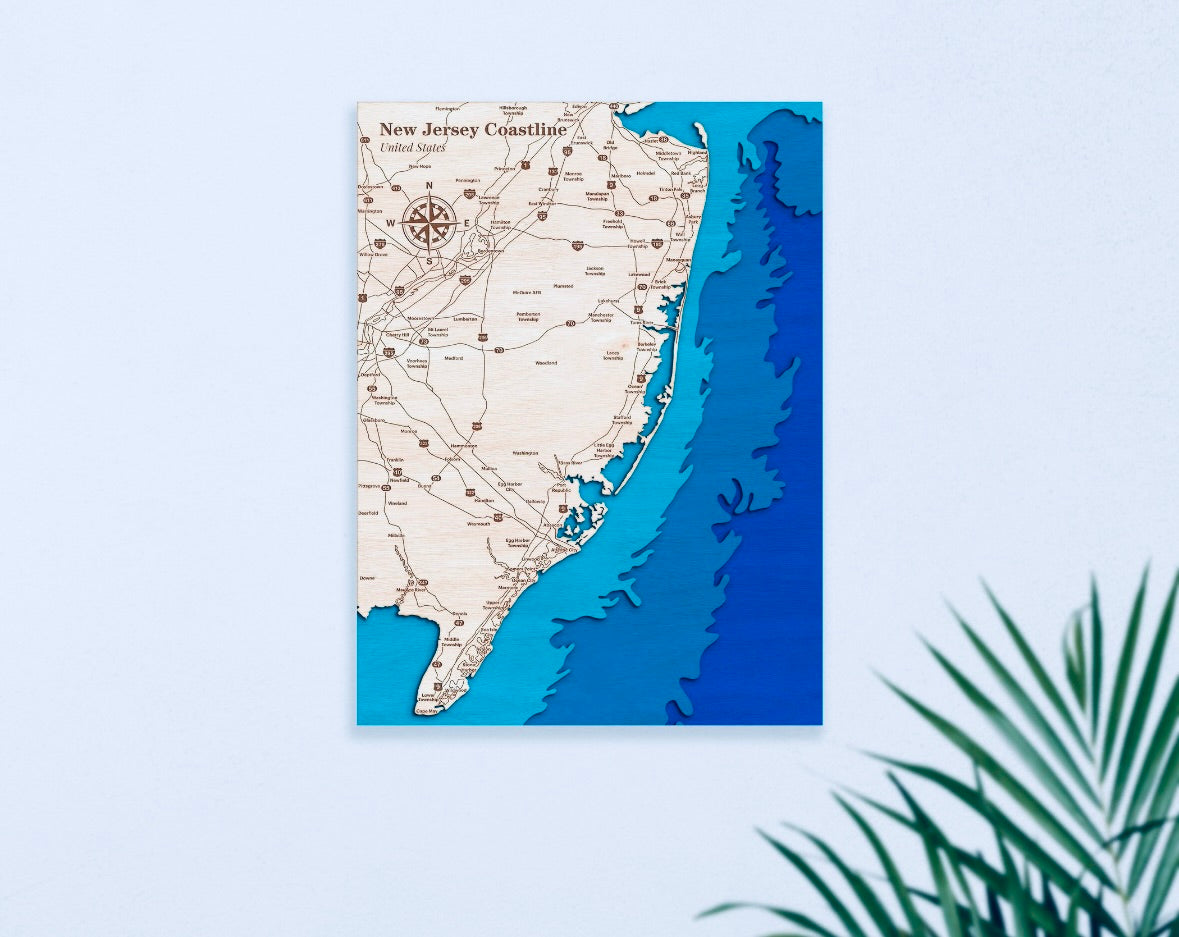 NJ Coastline Map 3D Layered Wood Art