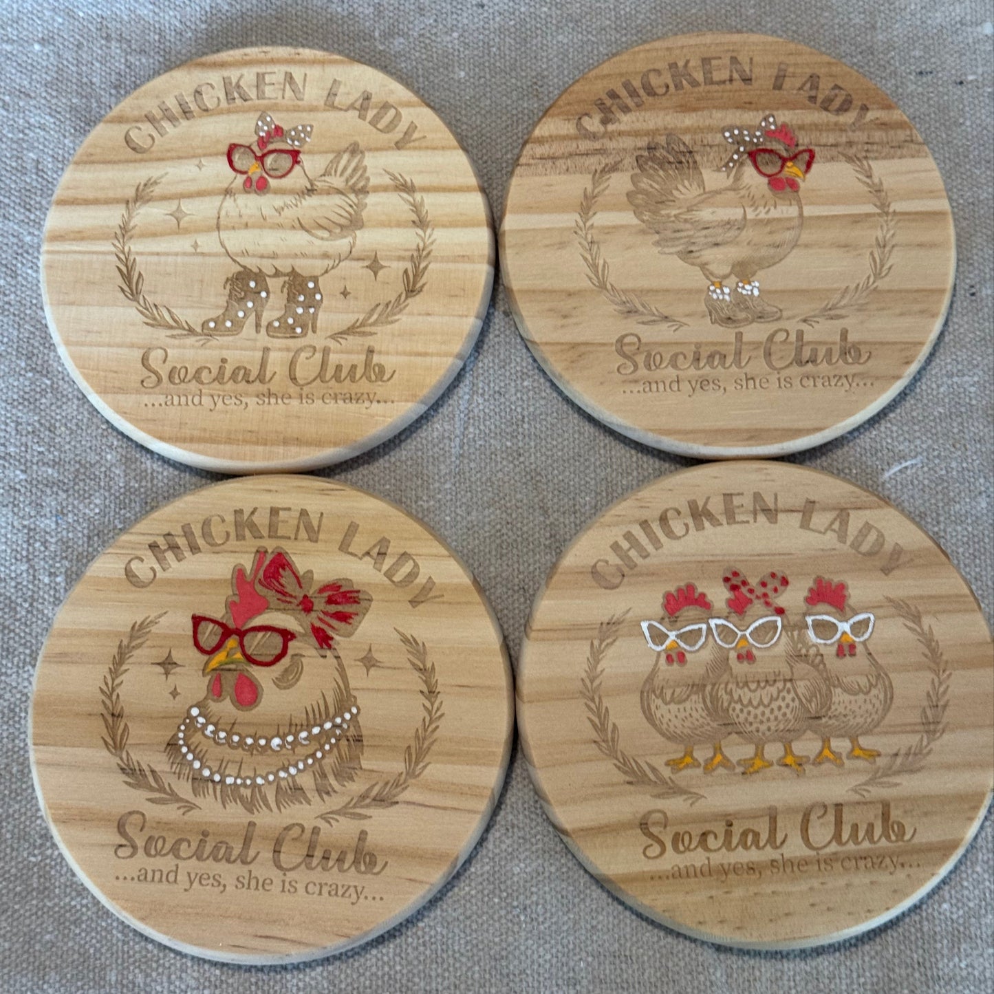 Chicken Lady Social Club Hand Painted & Engraved Wood Coaster Set