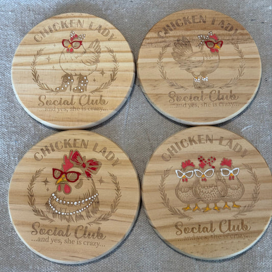 Chicken Lady Social Club Hand Painted & Engraved Wood Coaster Set