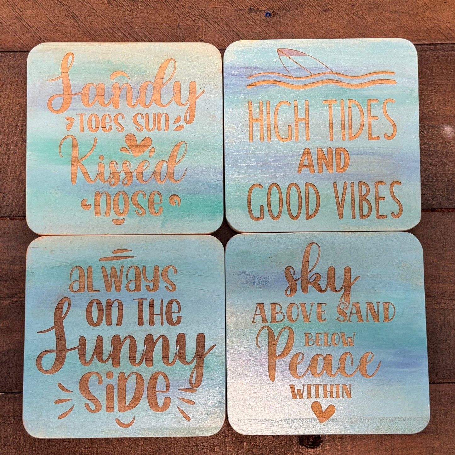 Sandy Toes Sun Kissed Nose -Blue Hand Painted & Engraved Wood Coaster Set