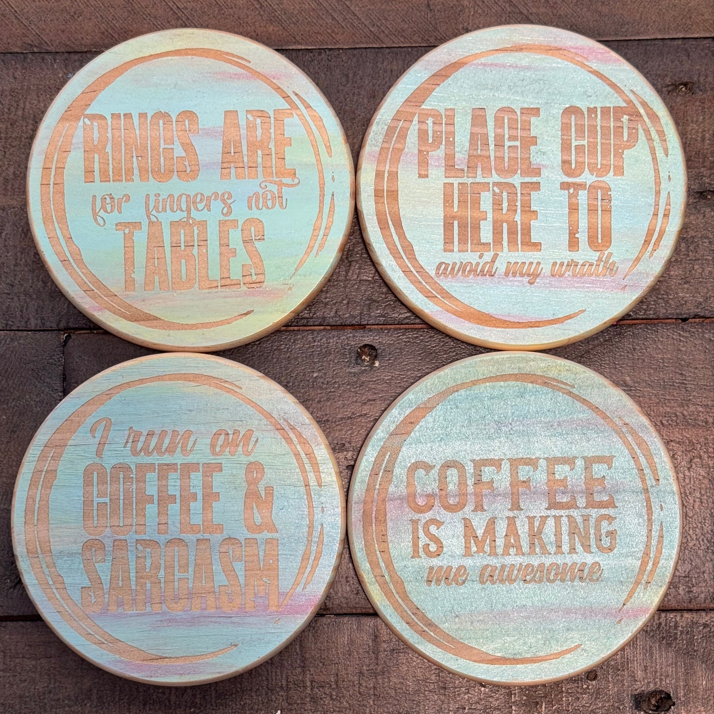 Rings Are For Fingers Hand Painted & Engraved Wood Coaster Set