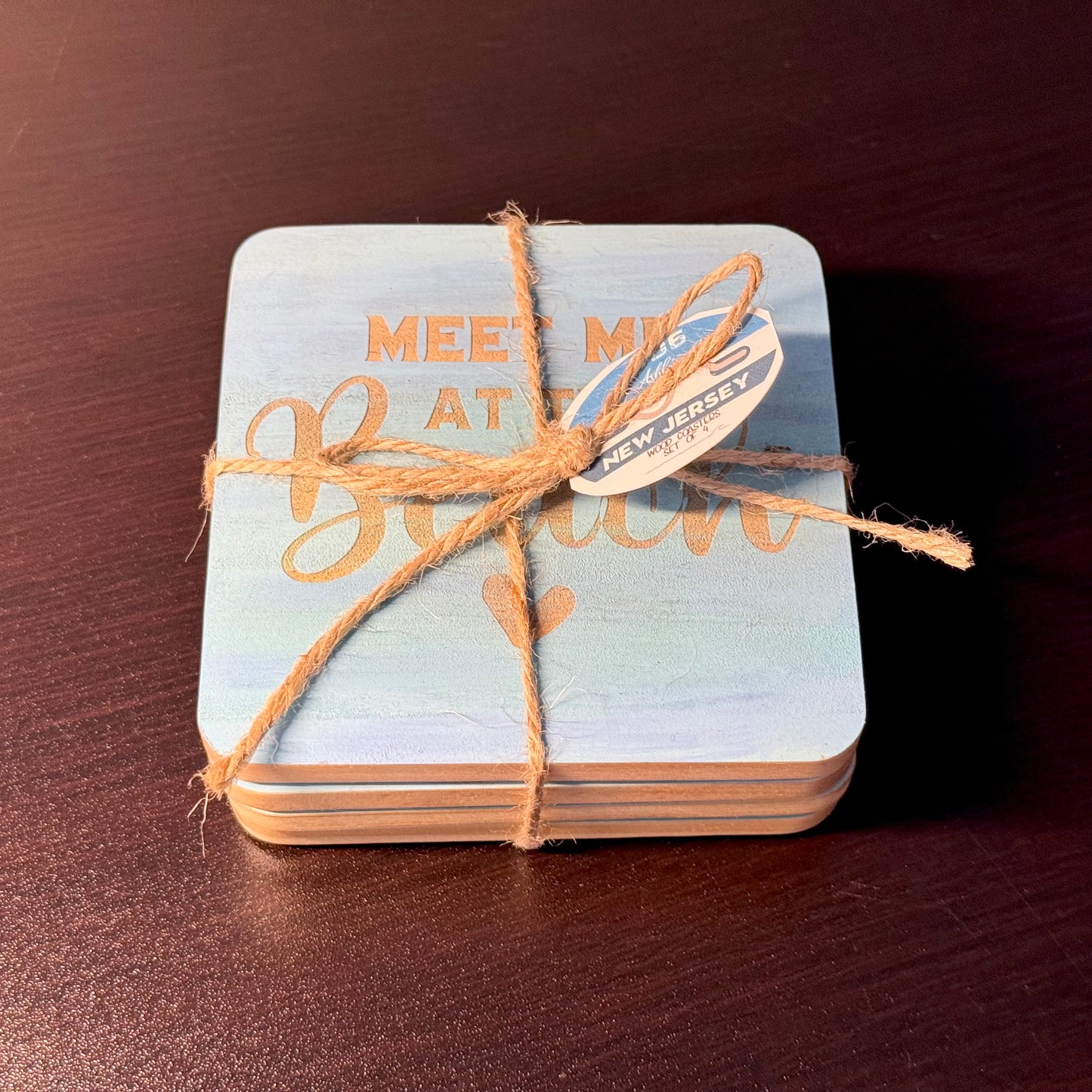 Meet Me At The Beach Hand Painted & Engraved Wood Coaster Set