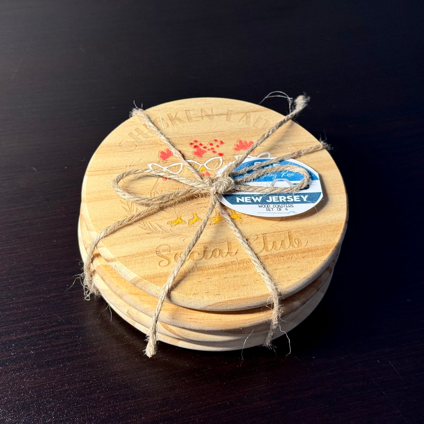 Chicken Lady Social Club Hand Painted & Engraved Wood Coaster Set
