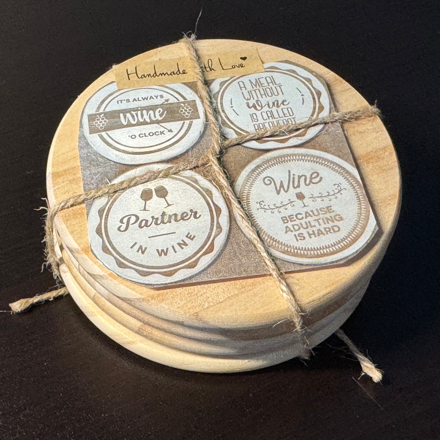 It's Always Wine O'clock Hand Painted & Engraved Wood Coaster Set