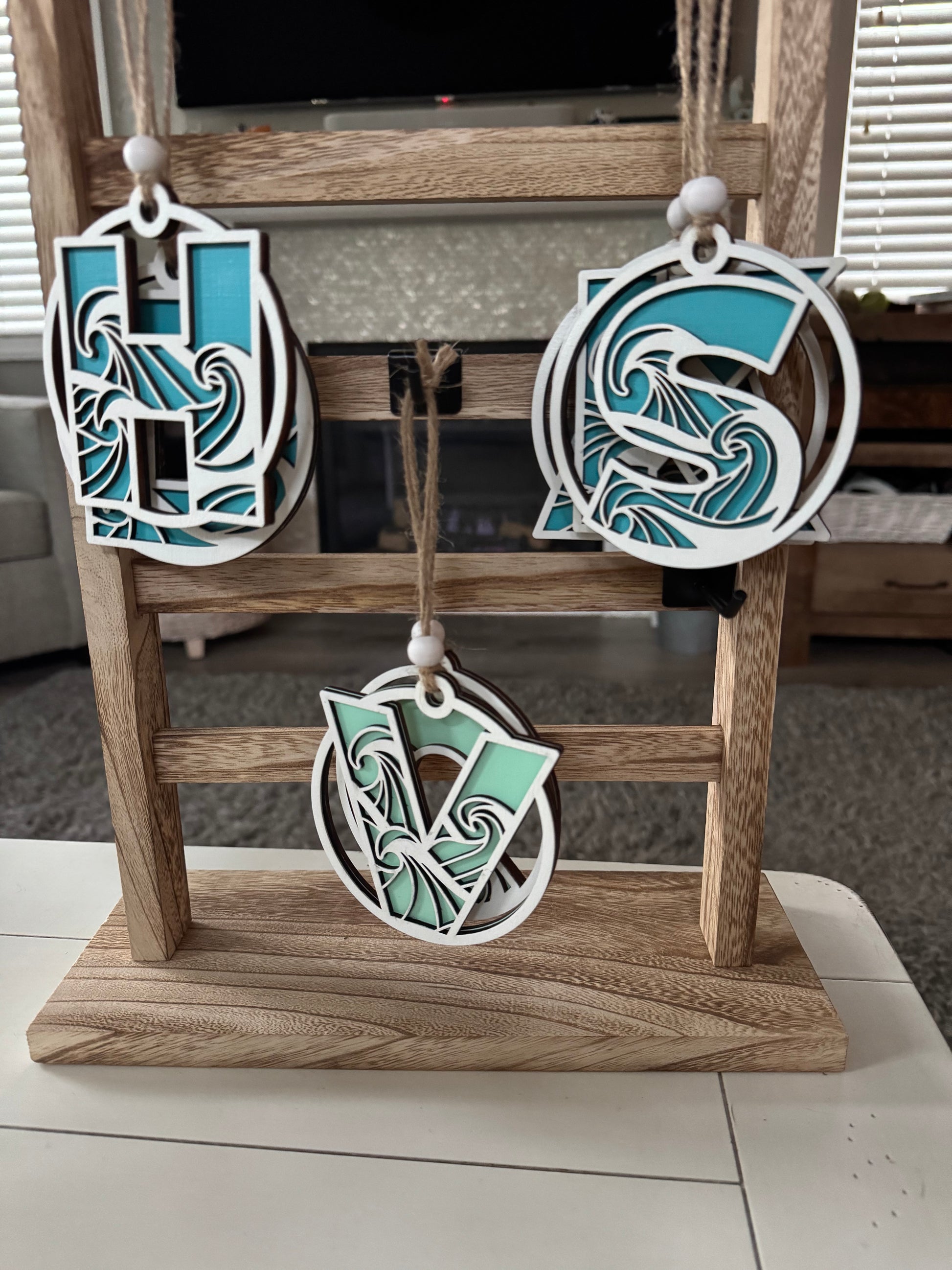 Handpainted Wave Letter Ornaments H, S, & V