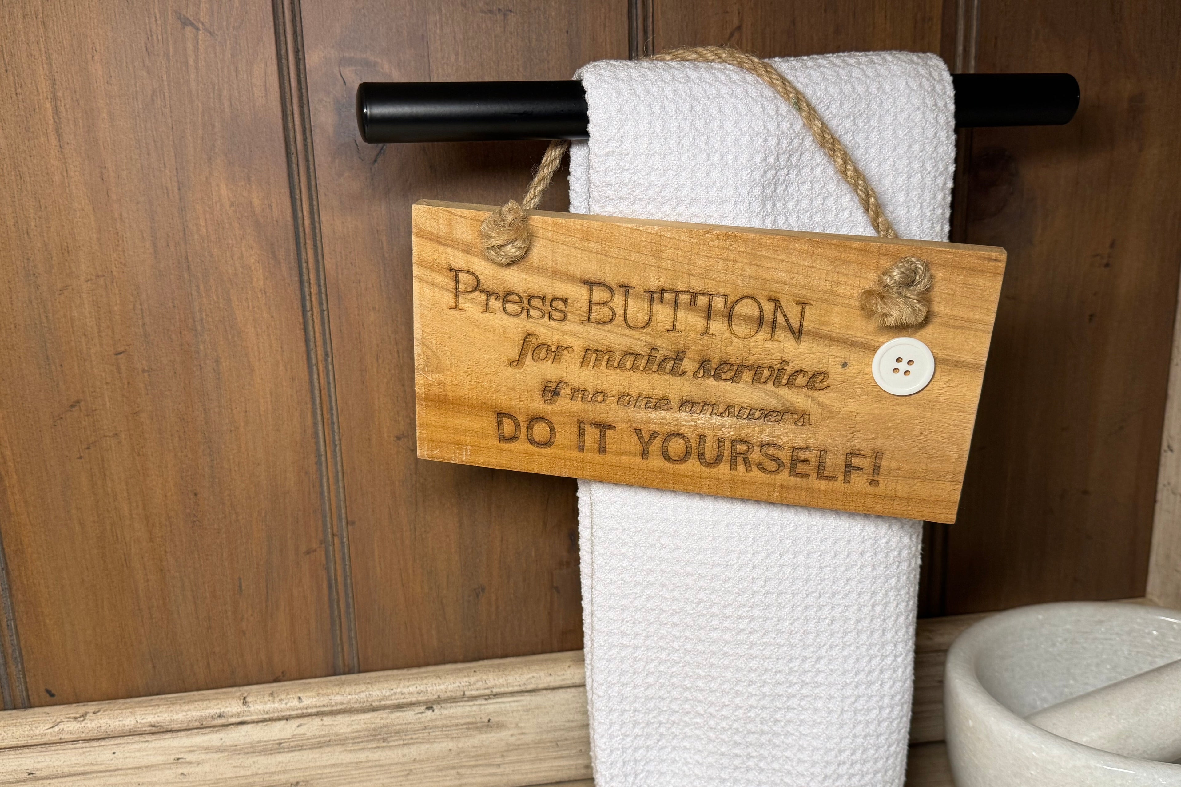 Press Button for maid service humorous  engraved wood sign with a clothing button