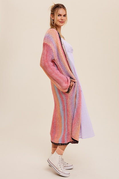 Multi Color Gradation Long Open Cardigan