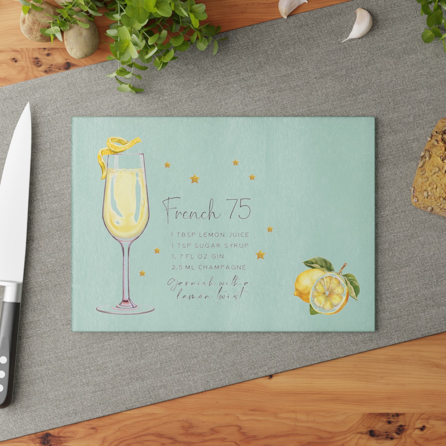 French 75 Recipe Glass Cutting Board