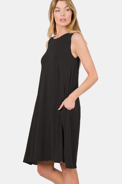 Zenana Sleeveless Flared Dress with Side Pockets