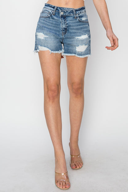 Stepped Waist Frayed Denim Shorts