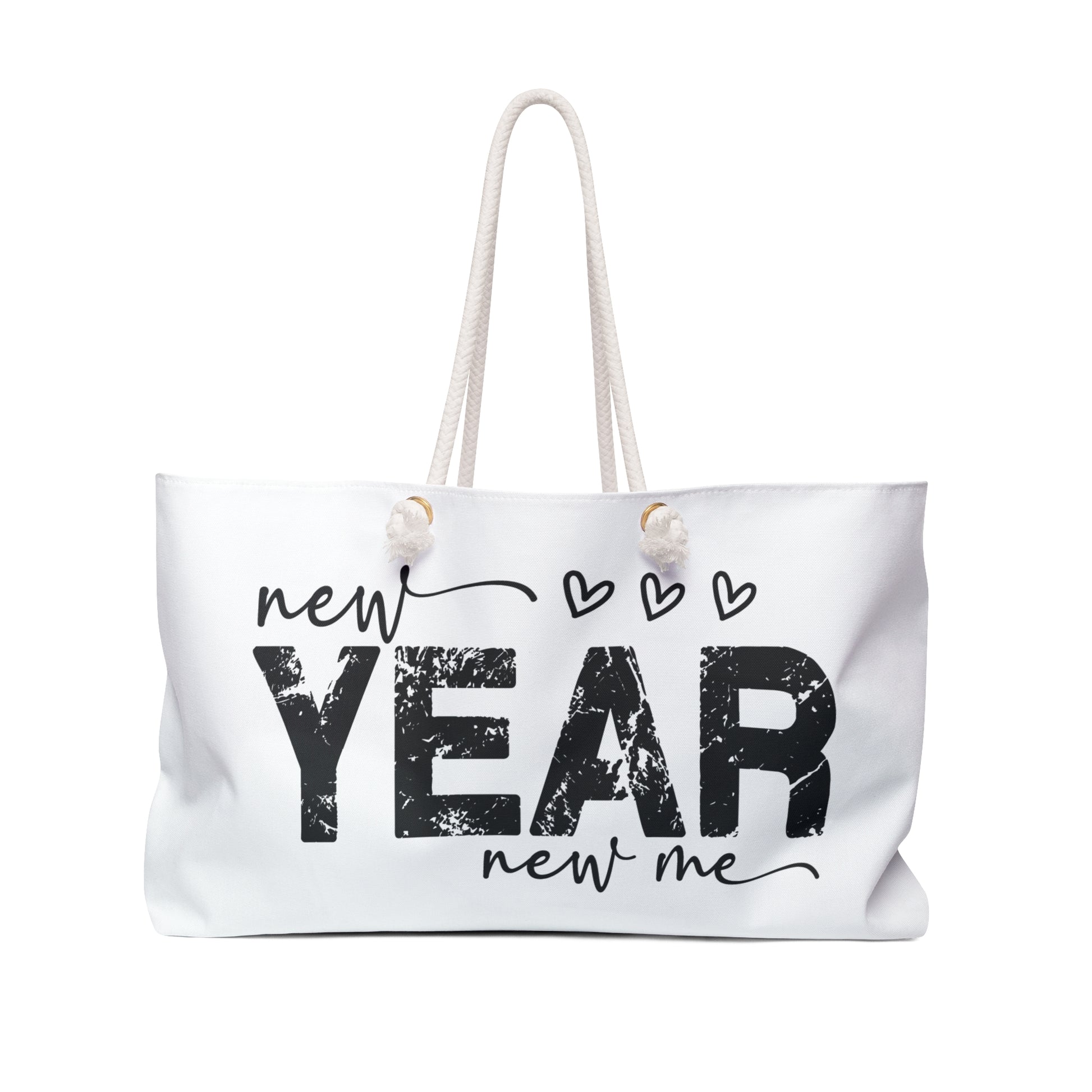 White tote bag with 'New Year New Me' text on a white background