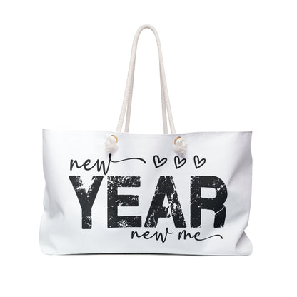 White tote bag with 'New Year New Me' text on a white background