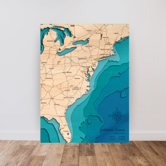 Atlantic Coast 3D Layered Wood Map Art, meaningful handmade piece by 606