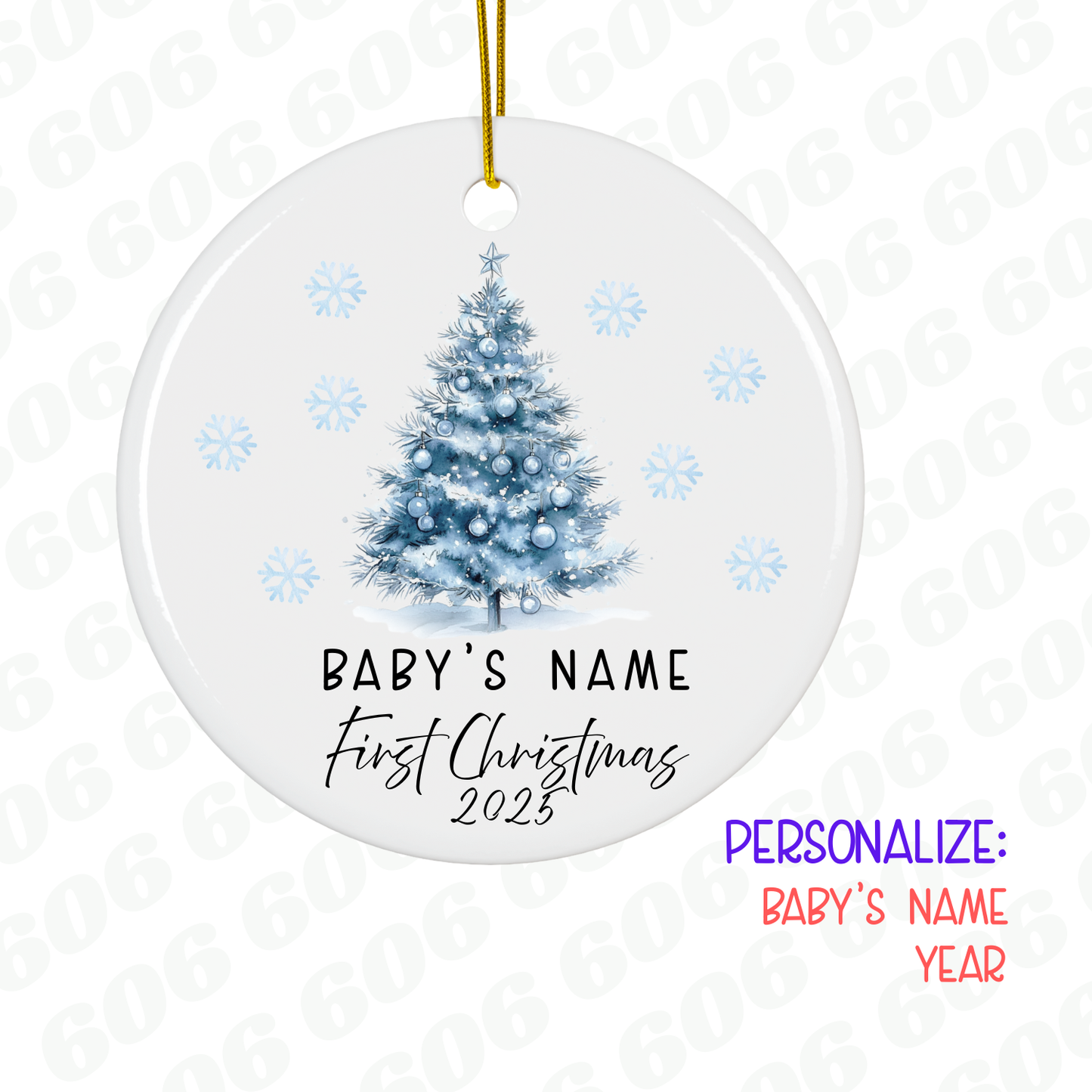 Christmas tree ornament with customizable text on a white background