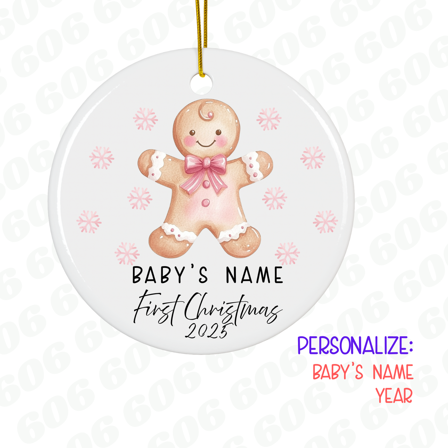 Decorative ornament with a gingerbread girl design for 'Baby's First Christmas' on a white background.