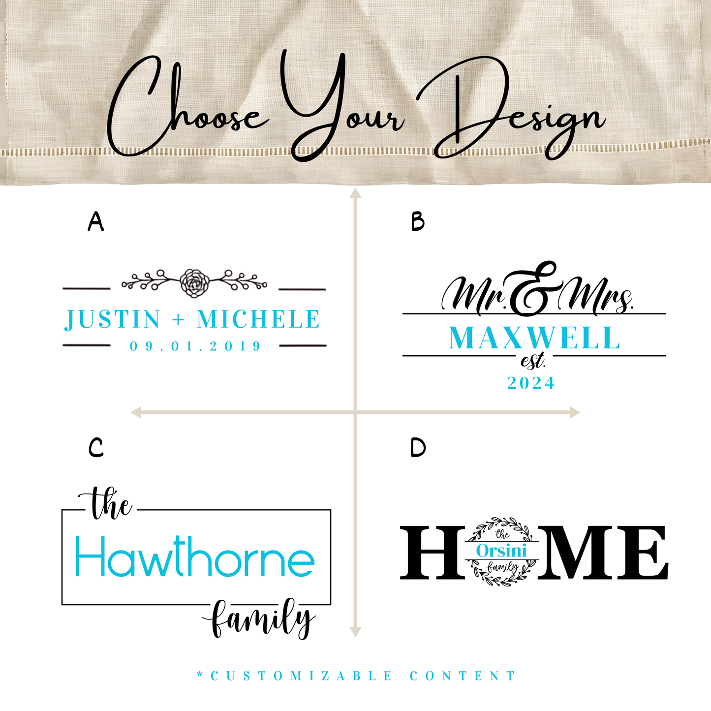 A customizable design chooser graphic for a charcuterie board, showing four layout options labeled A, B, C, and D.