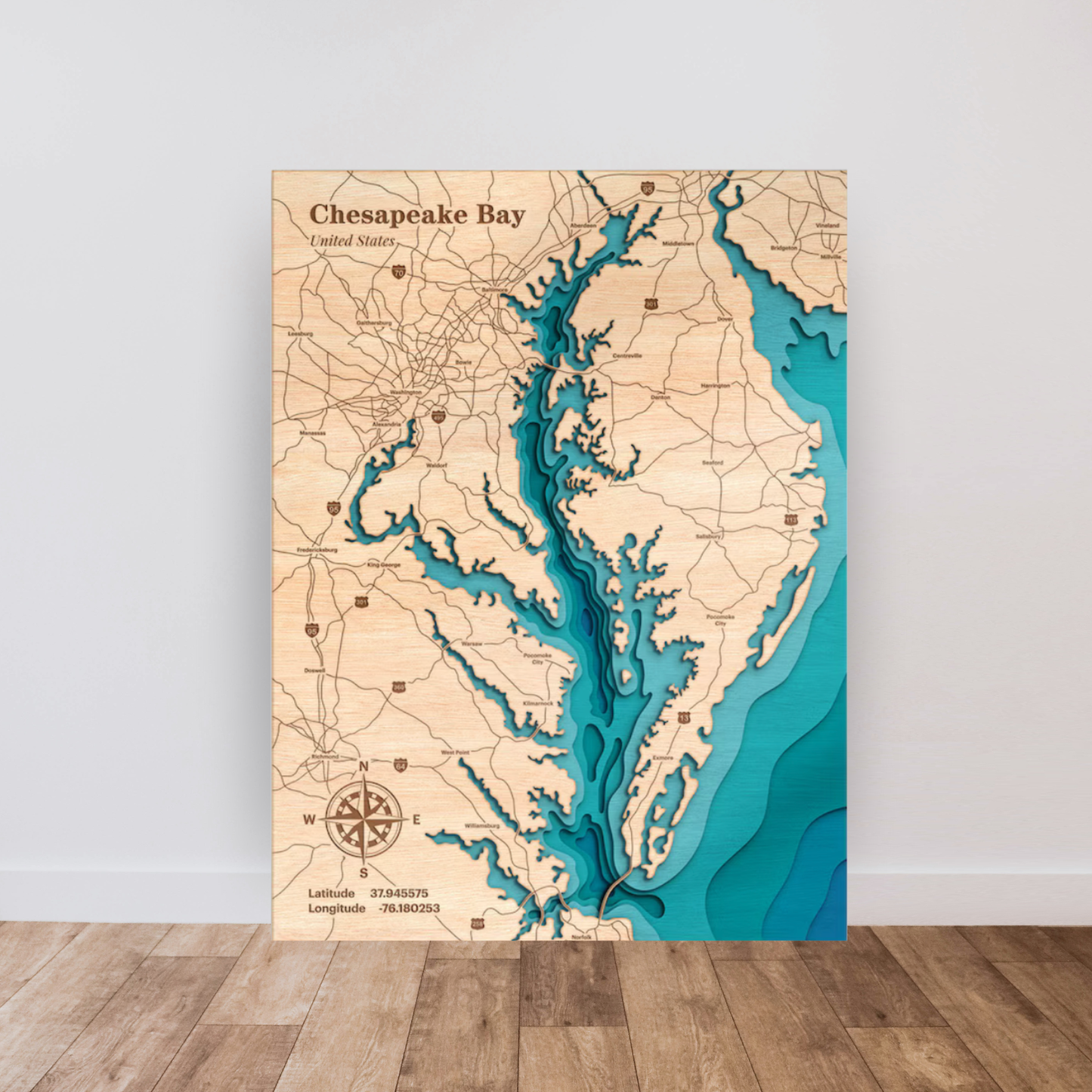 Chesapeake Bay 3D Layered Wood Map Art, meaningful handmade piece by 606