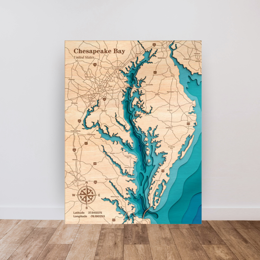 Chesapeake Bay 3D Layered Wood Map Art, meaningful handmade piece by 606