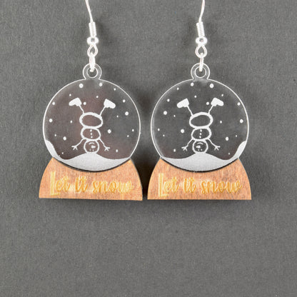 Handcrafted Snowglobe Earrings – Engraved Acrylic & Walnut Dangle Earrings