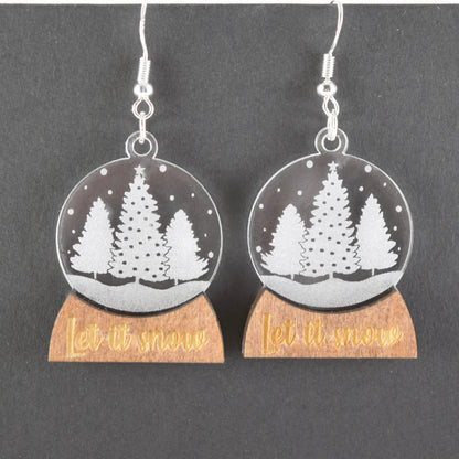 Handcrafted Snowglobe Earrings – Engraved Acrylic & Walnut Dangle Earrings