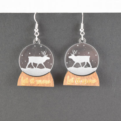 Handcrafted Snowglobe Earrings – Engraved Acrylic & Walnut Dangle Earrings