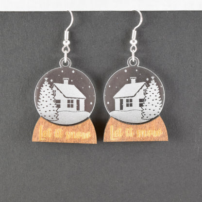 Handcrafted Snowglobe Earrings – Engraved Acrylic & Walnut Dangle Earrings