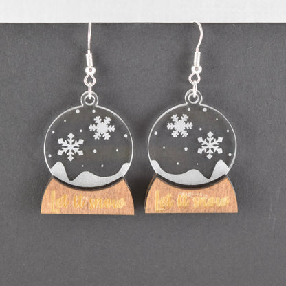 Handcrafted Snowglobe Earrings – Engraved Acrylic & Walnut Dangle Earrings