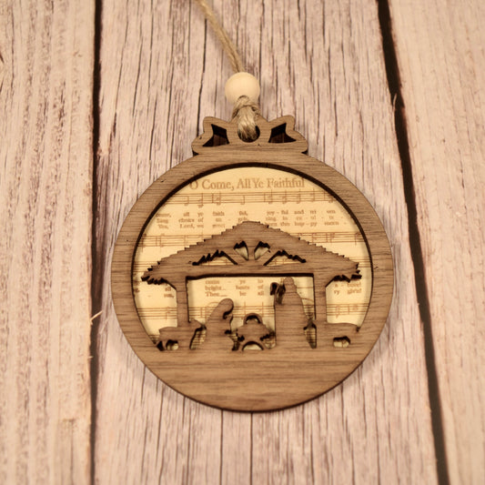 O Come, All Ye Faithful Wood Nativity Ornament – Engraved Christmas Song Sheet Music & Walnut Scene