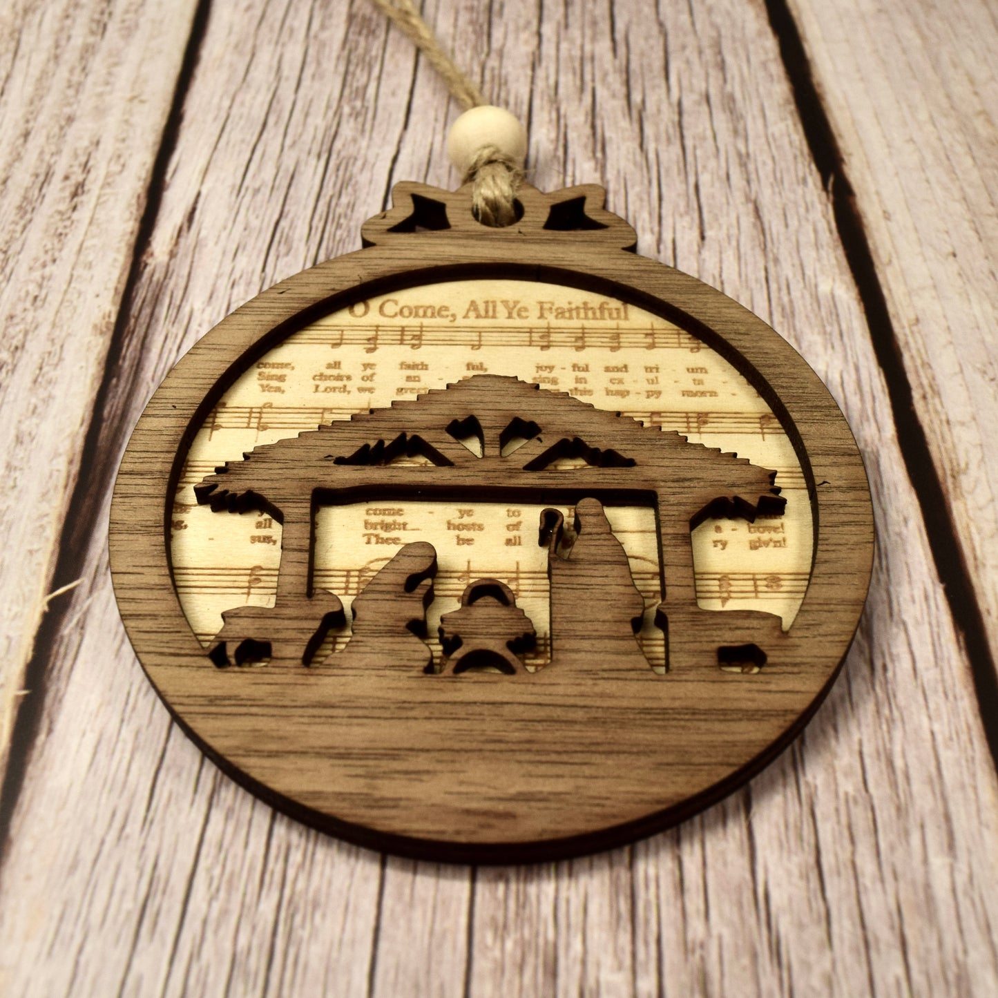 O Come, All Ye Faithful Wood Nativity Ornament – Engraved Christmas Song Sheet Music & Walnut Scene