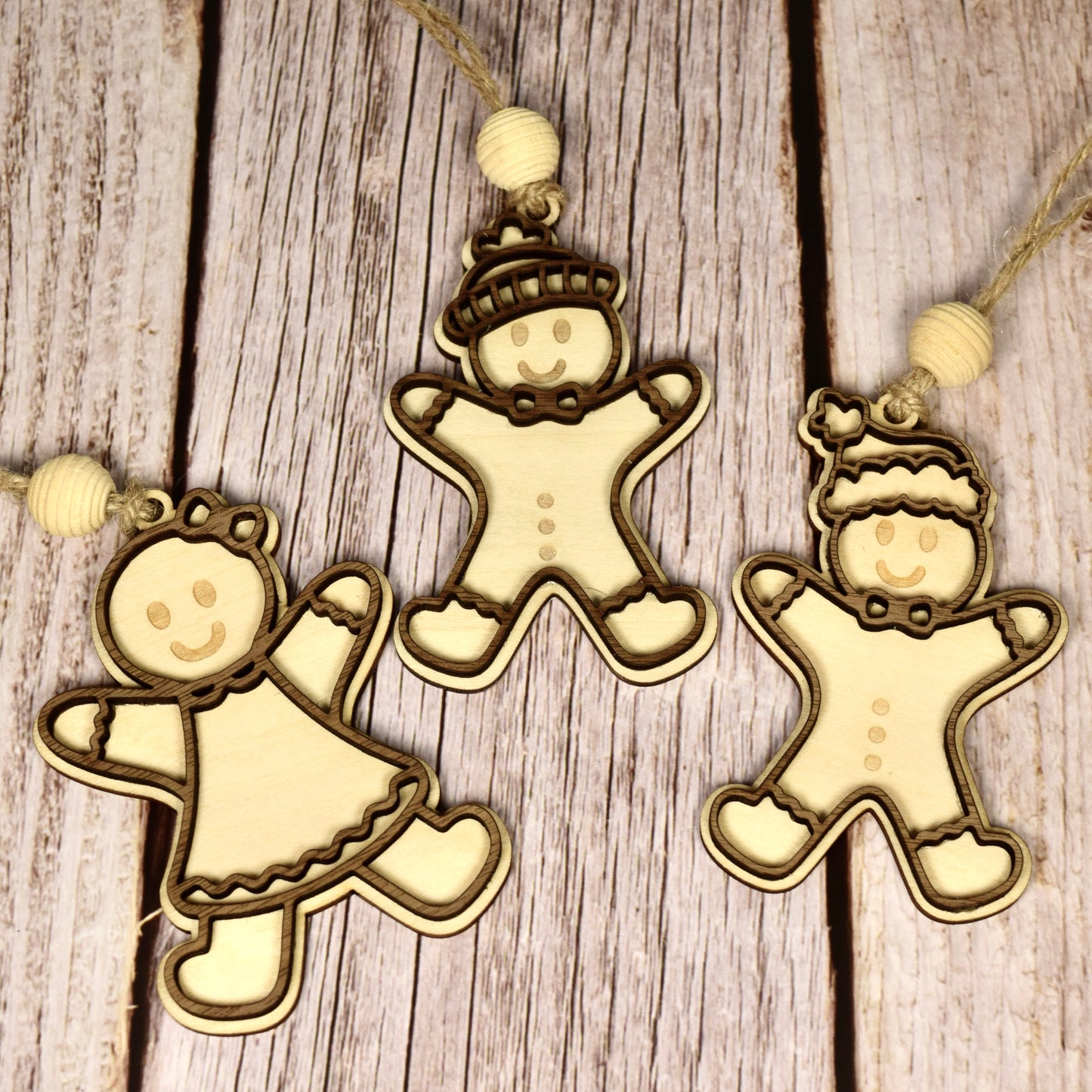 Set of 3 Layered Wood Gingerbread Ornaments – Handmade Walnut & Basswood with Beehive Bead