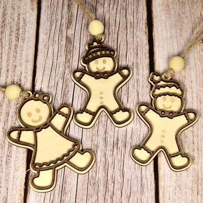 Set of 3 Layered Wood Gingerbread People Ornaments – Handmade Walnut & Basswood with Beehive Bead