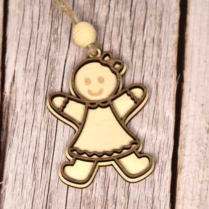 Set of 3 Layered Wood Gingerbread People Ornaments – Handmade Walnut & Basswood with Beehive Bead