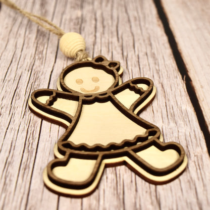 Set of 3 Layered Wood Gingerbread People Ornaments – Handmade Walnut & Basswood with Beehive Bead