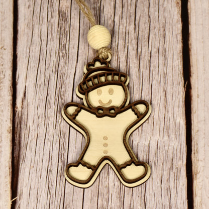 Set of 3 Layered Wood Gingerbread People Ornaments – Handmade Walnut & Basswood with Beehive Bead