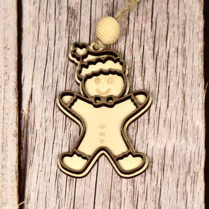 Set of 3 Layered Wood Gingerbread People Ornaments – Handmade Walnut & Basswood with Beehive Bead